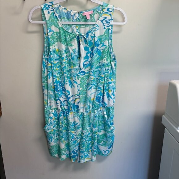 Lilly Pulitzer Tybee In A Pinch Print Blue Sleeveless Tassel Tie Short Romper L - Picture 3 of 8
